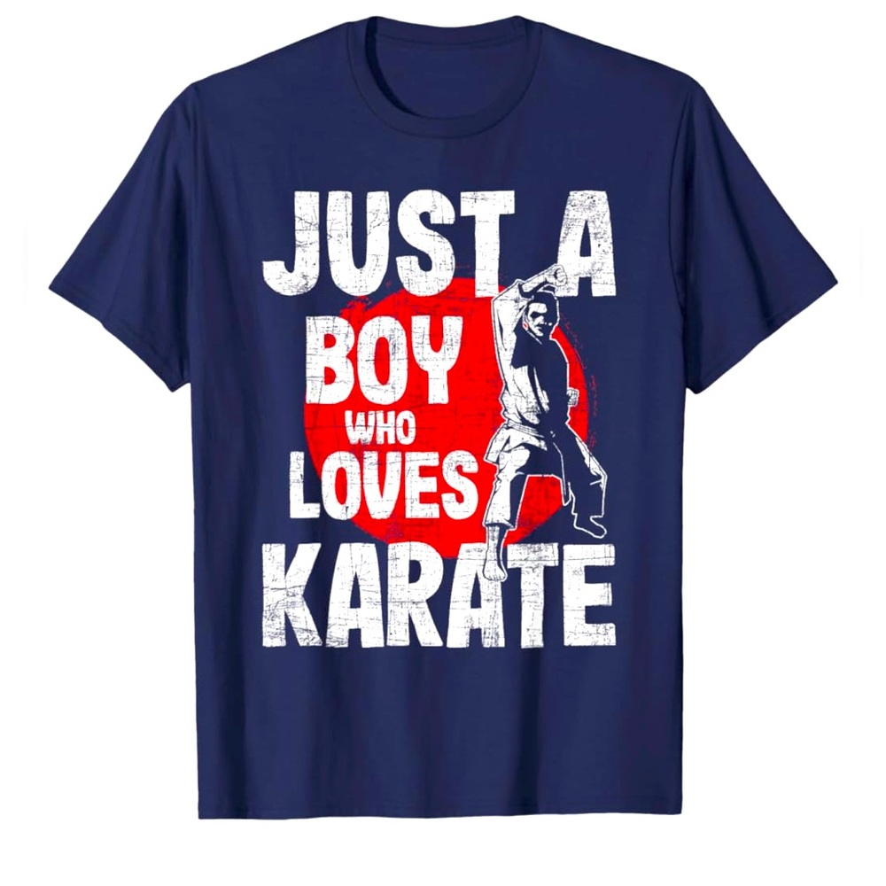 Port & Company “Just A Boy Who Loves Karate” Graphic T-Shirt Youth XS Navy Blue
